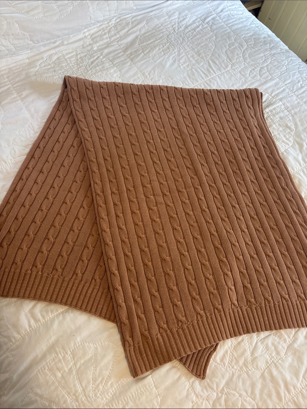 Lauren Ralph Lauren Caramel Beige Cable Knit Cotton Throw Blanket 60” x 44”